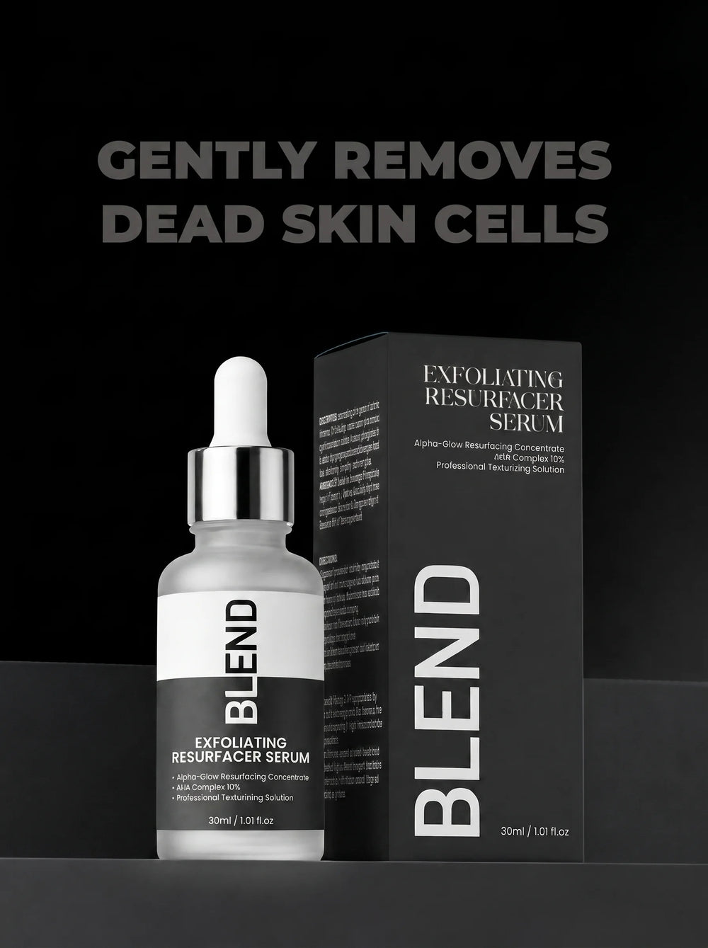 BLEND Exfoliating Resurfacier Serum shown in a frosted glass dropper bottle next to its black packaging box, with marketing text at the top reading 'GENTLY REMOVES DEAD SKIN CELLS'.
