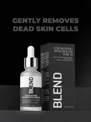 BLEND Exfoliating Resurfacier Serum shown in a frosted glass dropper bottle next to its black packaging box, with marketing text at the top reading 'GENTLY REMOVES DEAD SKIN CELLS'.