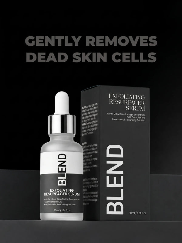 BLEND Exfoliating Resurfacier Serum shown in a frosted glass dropper bottle next to its black packaging box, with marketing text at the top reading 'GENTLY REMOVES DEAD SKIN CELLS'.