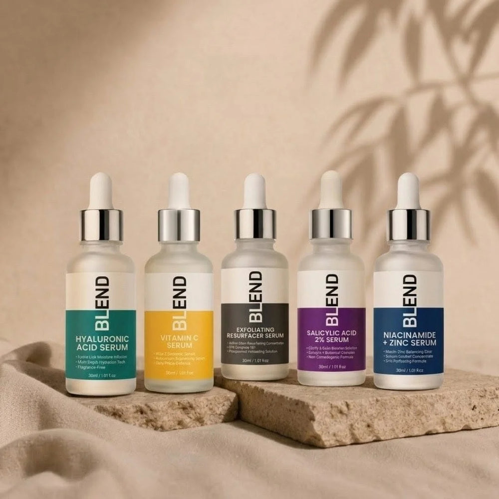 BLEND Complete Skincare Bundle with 5 face serums for acne, hydration, brightening and glowing skin